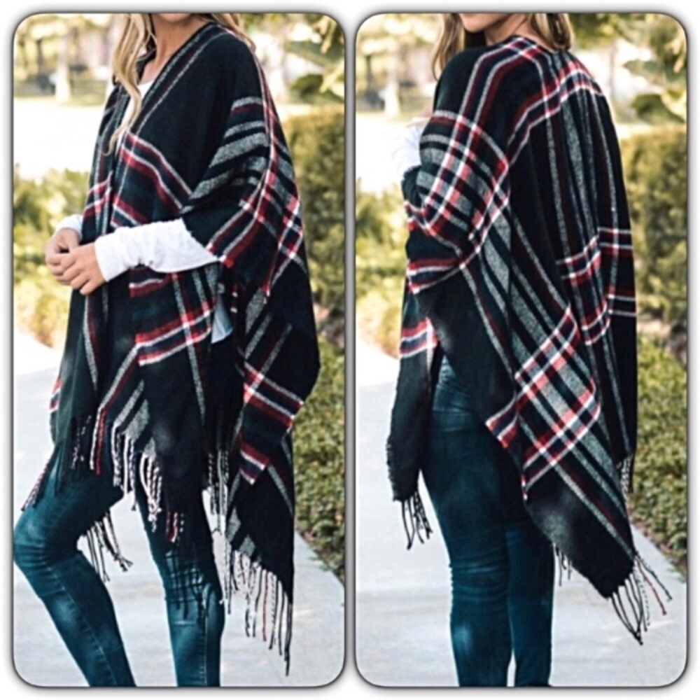 Plaid Cozy Chic Sweater Kimono Wrap O/S - Picture 7 of 8